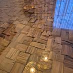 Unieke Eettafel met Houten Mozaïek en Glazen Blad, Gebruikt, 150 tot 200 cm, Vierkant, Ophalen of Verzenden