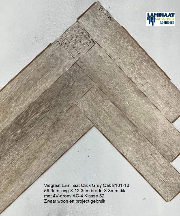 Visgraat Laminaat Grey oak 8mm dik 4V-groev €16,95m2 inc.btw, Huis en Inrichting, Stoffering | Vloerbedekking, Nieuw, Laminaat