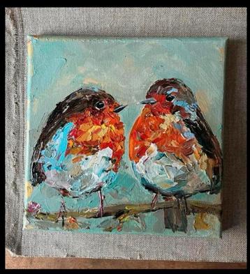 Twee roodborstjes samen ~ kleintje schilder kunst ~ atelier beschikbaar voor biedingen