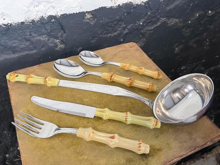 Vintage bestekset 25-delig Frankrijk bamboe heften, Huis en Inrichting, Keuken | Bestek, Ophalen of Verzenden