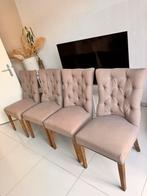 4 gecapitonneerde eetstoelen in taupe van Dubbelman Design, Huis en Inrichting, Stoelen, Ophalen, Gebruikt, Overige kleuren, Vier