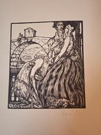 Houtsnede van een liefdespaar, Antiek en Kunst, Kunst | Etsen en Gravures, Ophalen of Verzenden