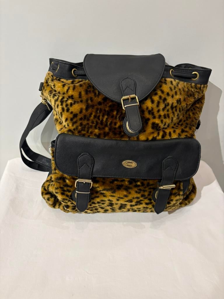 Bruine panterhuidstof / zwarte tas, Ophalen of Verzenden, Zo goed als nieuw, Zwart, Handtas