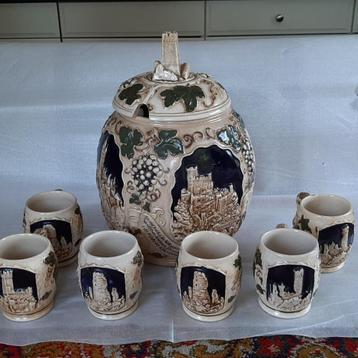 Vintage Gerz punch bowl met deksel / Rumtopf  met 6 bekers  beschikbaar voor biedingen