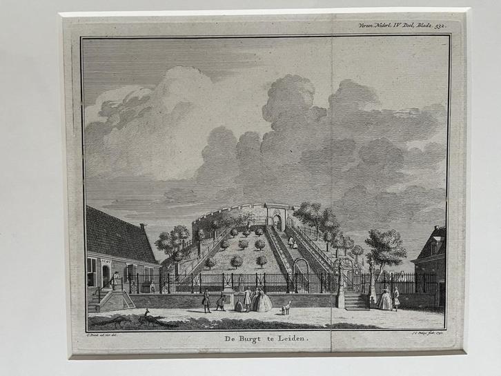 Prent burcht Leiden, Antiek en Kunst, Kunst | Etsen en Gravures, Ophalen of Verzenden