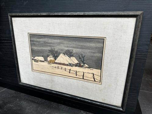 Winterlandschap boerderij - W. Cornelissen, Larense School, Antiek en Kunst, Kunst | Etsen en Gravures, Ophalen of Verzenden