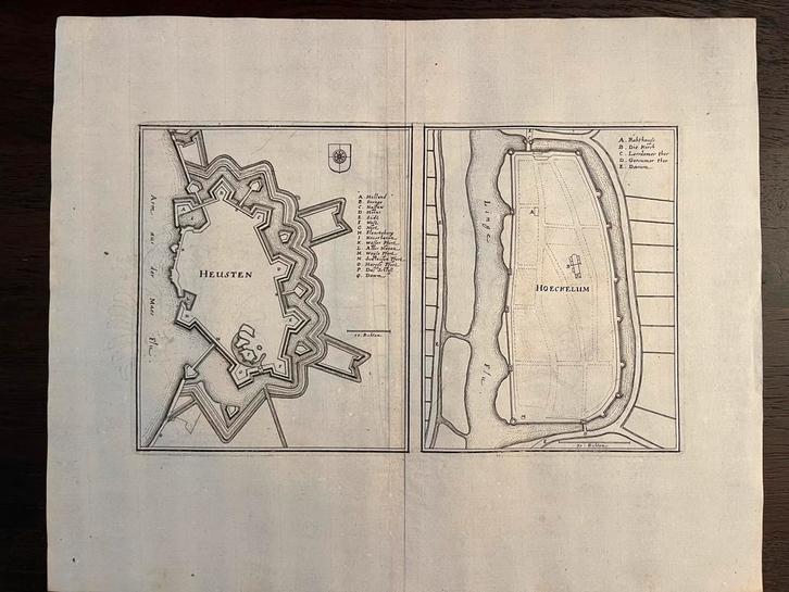 Antieke vestingkaarten; Heusden, Hoekelum – Merian – 1660, Antiek en Kunst, Kunst | Etsen en Gravures, Ophalen of Verzenden