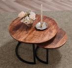 2 mangohouten salontafel / bijzettafels 60 en 44cm, Ophalen, Minder dan 55 cm, Rond, Zo goed als nieuw