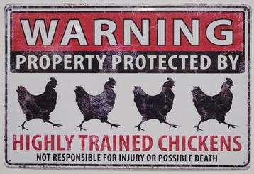 Warning highly trained chickens reclamebord van metaal deco  beschikbaar voor biedingen