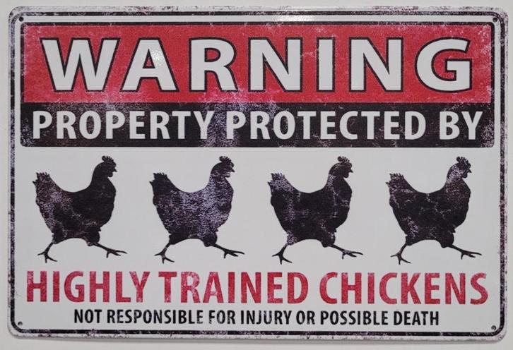 Warning highly trained chickens reclamebord van metaal deco, Huis en Inrichting, Woonaccessoires | Wanddecoraties, Nieuw, Ophalen of Verzenden