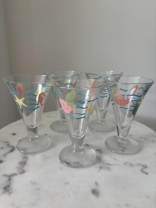 Set van 5 retro ijscoupes met zeeleven print, Huis en Inrichting, Keuken | Servies, Gebruikt, Glas of Glazen, Overige stijlen