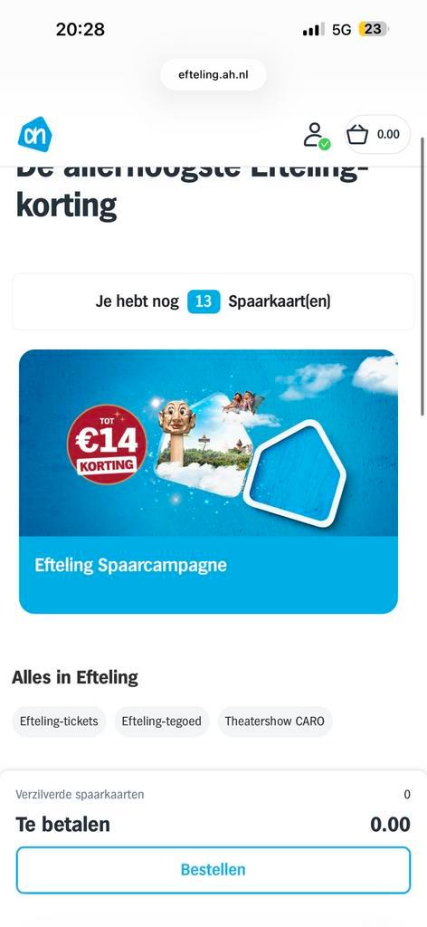 Efteling spaarkaarten AH – €5 per stuk (€14 korting p.p.), Tickets en Kaartjes, Kortingen en Cadeaubonnen, Drie personen of meer