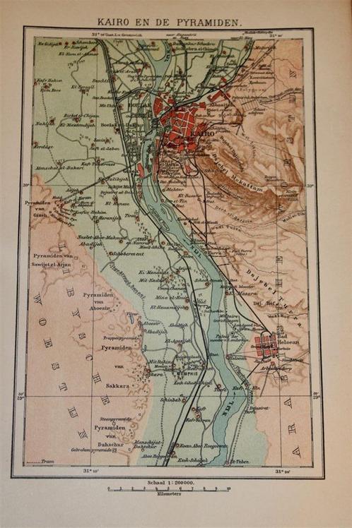 Antieke kaart - Caïro en de Pyramiden - Ca 1900, Boeken, Atlassen en Landkaarten, Zo goed als nieuw, Landkaart, Nederland, 1800 tot 2000