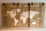Wereldkaart op Houten Panelen - Drieluik Wanddecoratie, Ophalen, Zo goed als nieuw