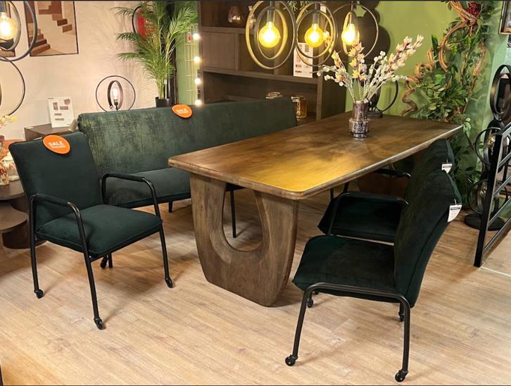 Iris eetkamerbank 190 & 3 stoelen – Donkergroen velvet glans, Huis en Inrichting, Stoelen, Zo goed als nieuw, Drie, Metaal, Stof