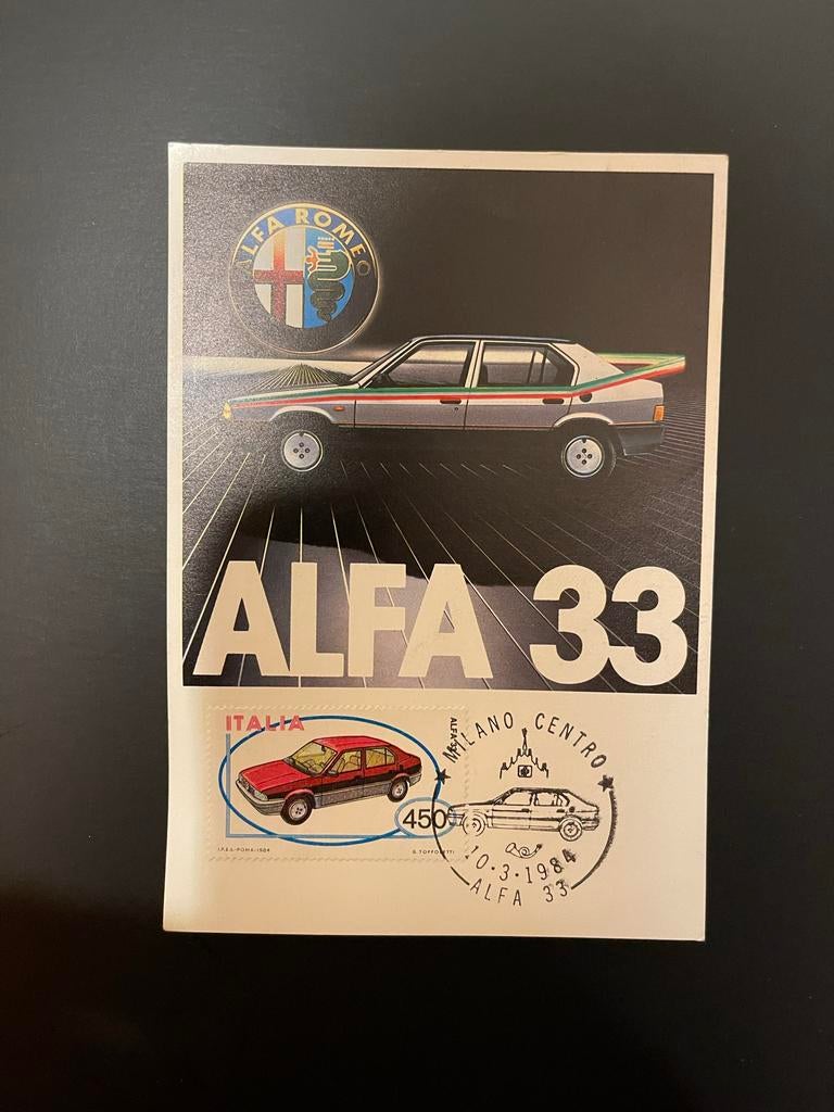 Alfa Romeo Alfa 33 Ansichtkaart met Postzegel 1984, Ophalen of Verzenden, 1980 tot heden, Voertuig