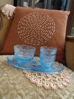 Blauw Kristallen Waaierglas Roomstel Dienblad ** Mimosa **, Antiek en Kunst, Antiek | Glas en Kristal, Ophalen of Verzenden