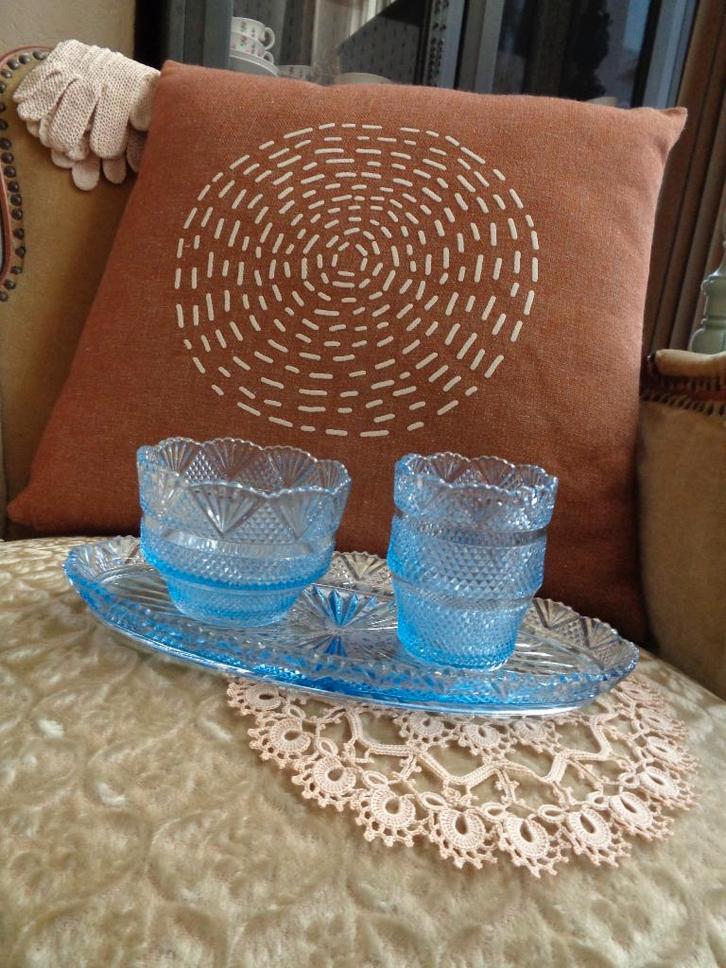 Blauw Kristallen Waaierglas Roomstel Dienblad ** Mimosa **, Antiek en Kunst, Antiek | Glas en Kristal, Ophalen of Verzenden