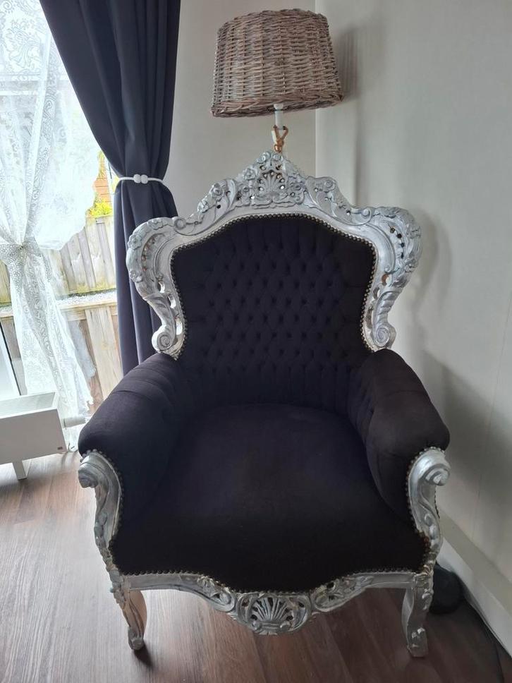 Barok Koningsfauteuils - Zwart Velours (2 stuks), Huis en Inrichting, Fauteuils, Gebruikt, Hout, Stof, 75 tot 100 cm, 75 tot 100 cm