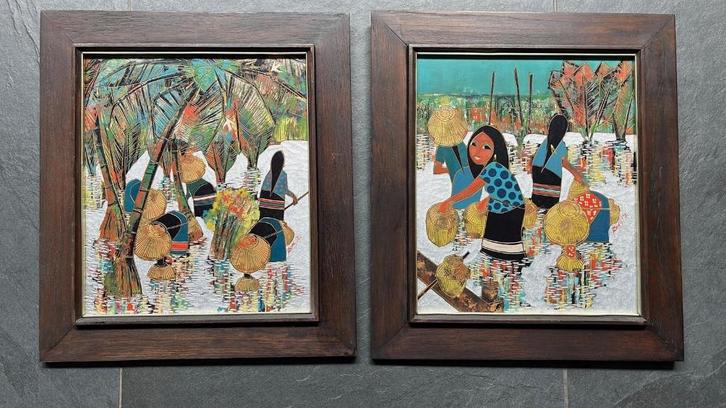Thailand schilderij set uit 1972 Thais handwerk, Huis en Inrichting, Woonaccessoires | Schilderijen, Tekeningen en Foto's, Zo goed als nieuw