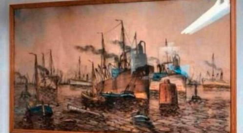 Schilderij Krijt tekening Willem Bos haven gezicht Rotterdam, Antiek en Kunst, Kunst | Schilderijen | Klassiek, Ophalen of Verzenden