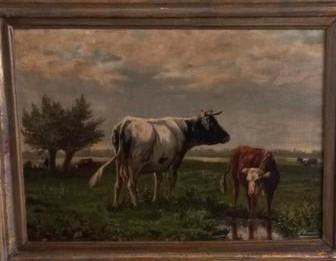 Landschap met Koeien gesigneerd L .Kesseler 1885 ., Antiek en Kunst, Kunst | Schilderijen | Klassiek, Ophalen of Verzenden