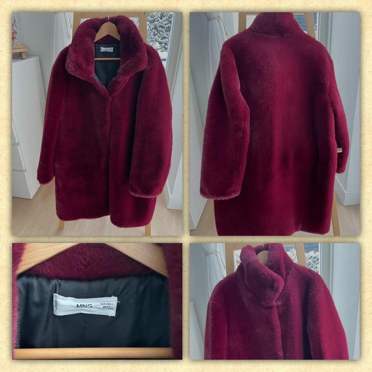 ☃️Warme Mango Nep Bontjas, maat L, Burgundy als nieuw, Kleding | Dames, Jassen | Winter, Zo goed als nieuw, Maat 42/44 (L), Overige kleuren
