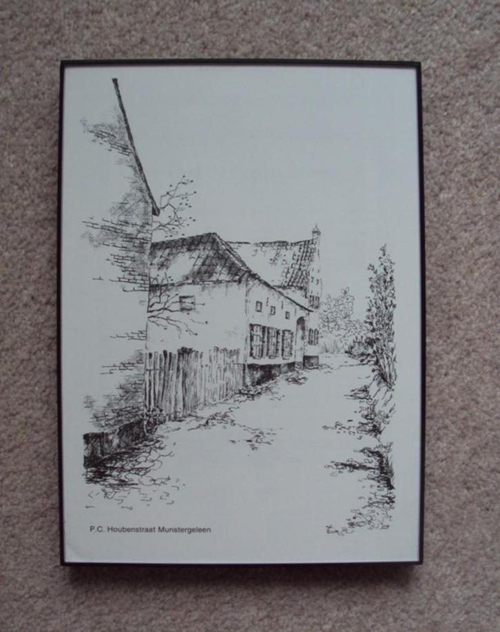 Pentekening prent P.C. Houbenstraat Munstergeleen Limburg, Antiek en Kunst, Kunst | Tekeningen en Foto's, Ophalen of Verzenden