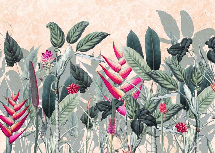 Botanisch behang Soft Jungle vlies fotobehang *Muurdeco4kids, Huis en Inrichting, Stoffering | Behang, Roze, minder dan 10 m²