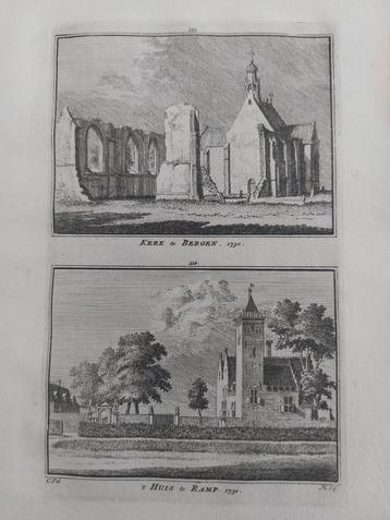 333-334 / Kerk te Bergen & Huis te Ramp Gravure 18e eeuw beschikbaar voor biedingen