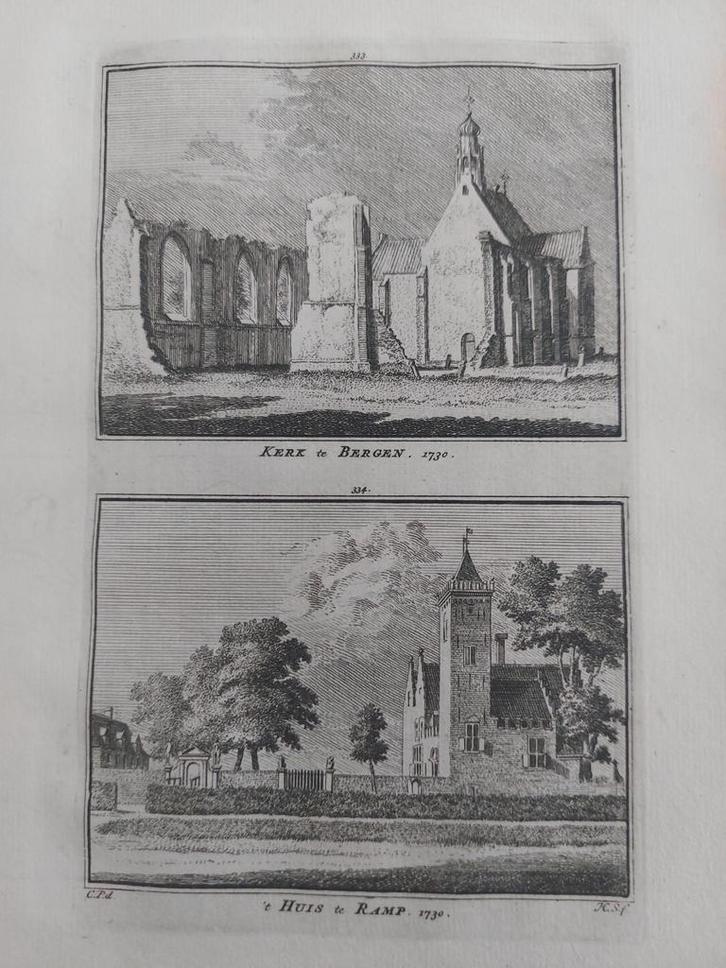 333-334 / Kerk te Bergen & Huis te Ramp Gravure 18e eeuw, Antiek en Kunst, Kunst | Etsen en Gravures, Ophalen of Verzenden