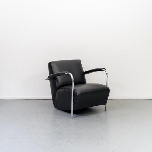 4x Leolux Scylla Fauteuil Laag Zwart Leder - Chroom, Huis en Inrichting, Fauteuils, Zo goed als nieuw, Leer, Metaal, 50 tot 75 cm