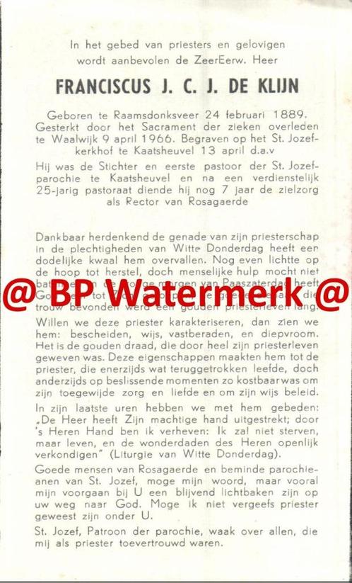 Klijn Franciscus 1889 Raamsdonkveer 1966 Waalwijk pastoor ka, Verzamelen, Bidprentjes en Rouwkaarten, Bidprentje, Ophalen of Verzenden