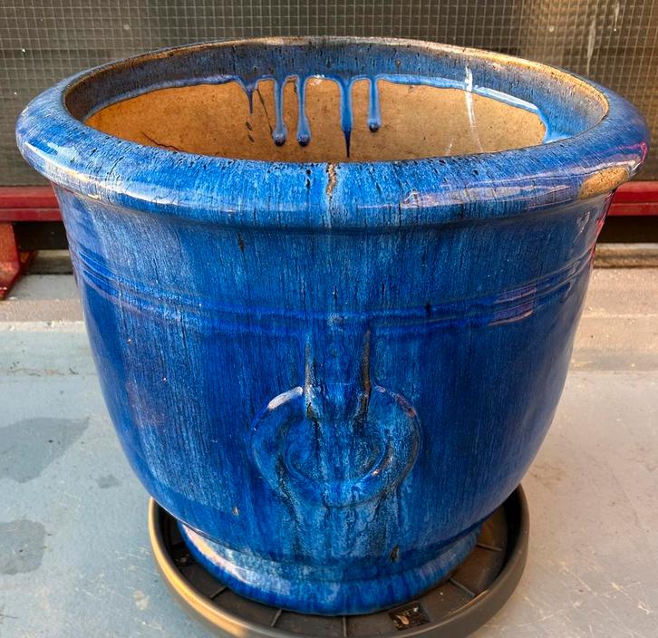 bloempot / plantenpot navy blauw, keramiek glazuur 48cm, Tuin en Terras, Bloempotten, Gebruikt, Aardewerk, Balkon, Tuin, 40 tot 70 cm