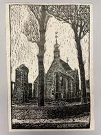 Bergen N.H. Kerk - Linosnede in passe-partout, Antiek en Kunst, Kunst | Etsen en Gravures, Ophalen of Verzenden