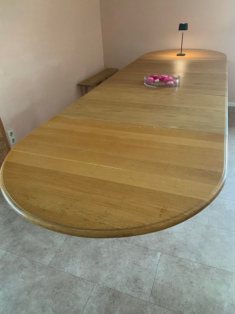 Uitschuifbare eettafel van zwaar eikenhout, Huis en Inrichting, Ophalen, Gebruikt, Eikenhout, 200 cm of meer