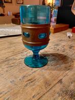 Vintage Blauw Glas met Koperen Houder, Ophalen of Verzenden