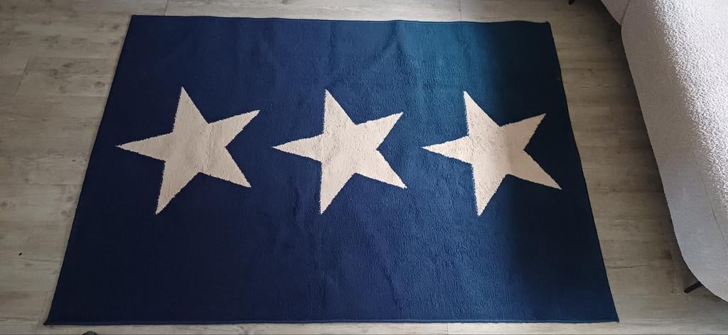 Zeer mooi vloerkleed, blauw met creme kleurige sterren, Ophalen of Verzenden, Zo goed als nieuw