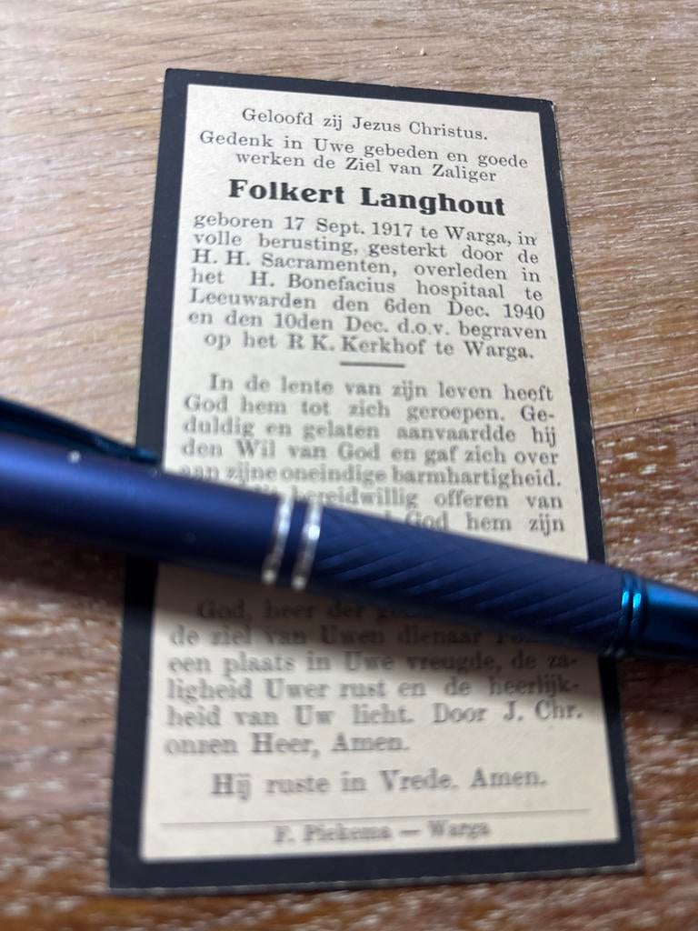 Langhout Folkert 1917 Warga 1940 Leeuwarden - 29616, Ophalen of Verzenden, Bidprentje
