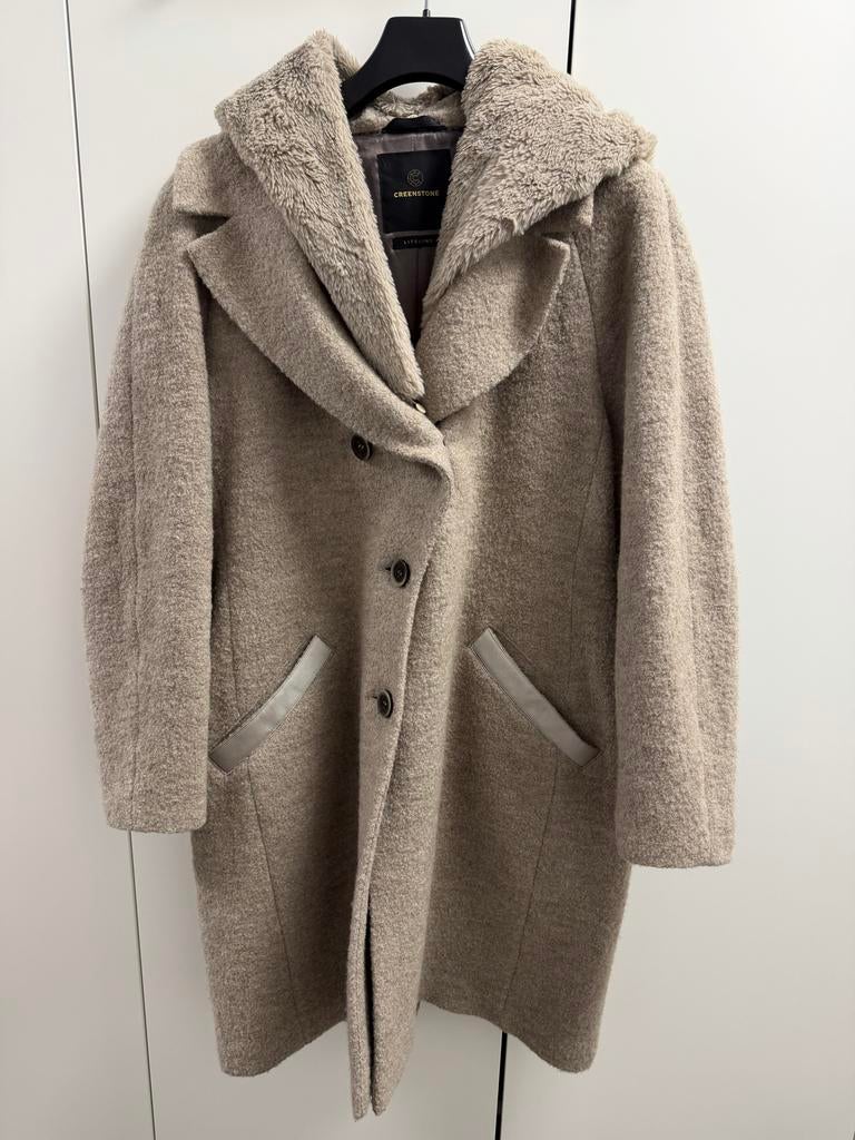 Creenstone wollen mantel beige maat 48 met teddy capuchon, Kleding | Dames, Ophalen of Verzenden, Zo goed als nieuw, Maat 46/48 (XL) of groter