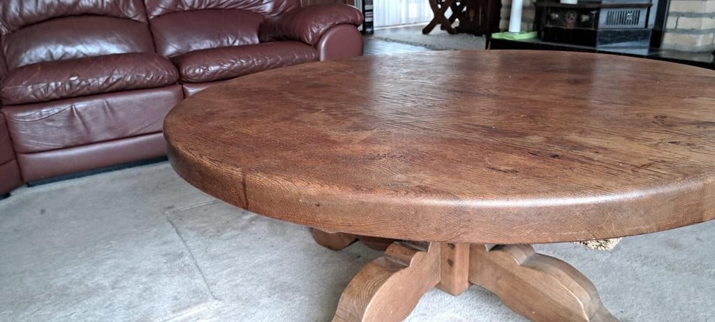 Massief eikenhouten salontafel met kolompoot, 50 tot 100 cm, Minder dan 50 cm, Eikenhout, Rond