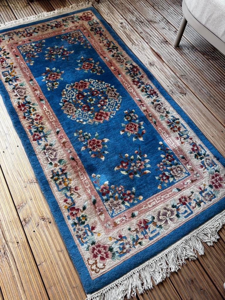 Handgeknoopt kelim tapijt, blauw met bloemen, Ophalen, Blauw, 50 tot 100 cm, Zo goed als nieuw