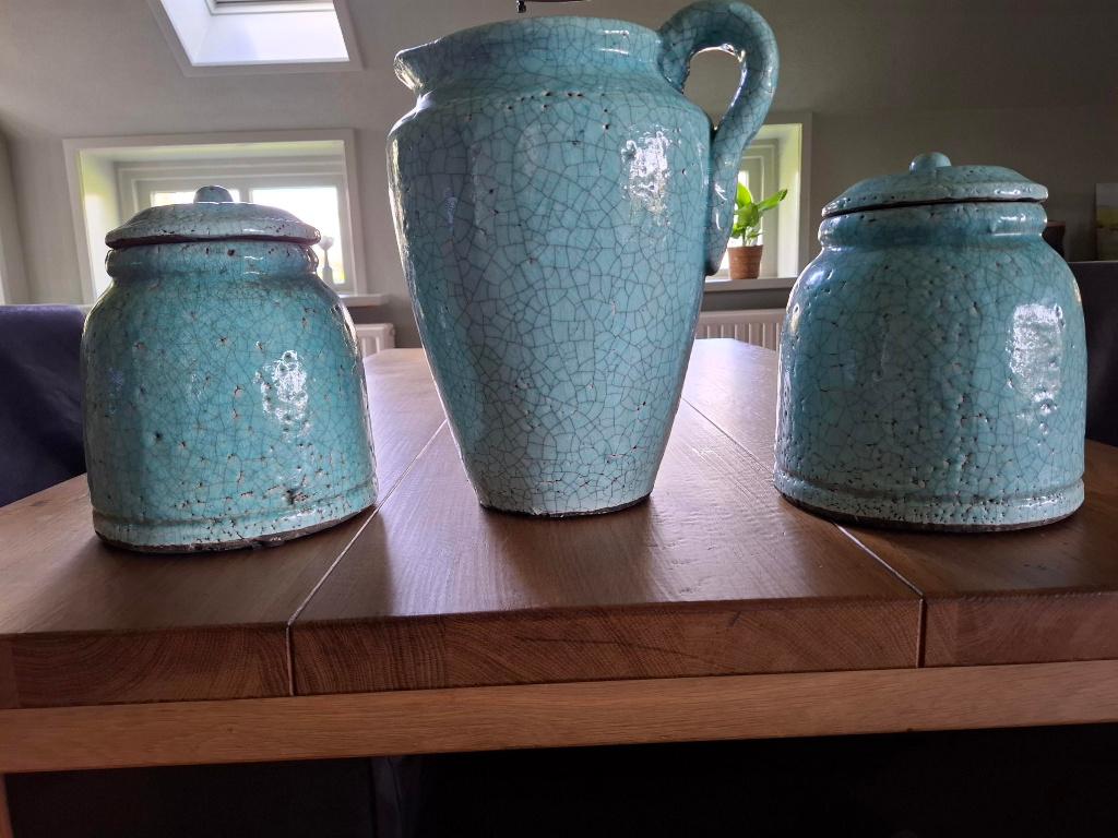 Set van drie kruiken, Huis en Inrichting, Ophalen, Blauw, Aardewerk of Porselein, Zo goed als nieuw
