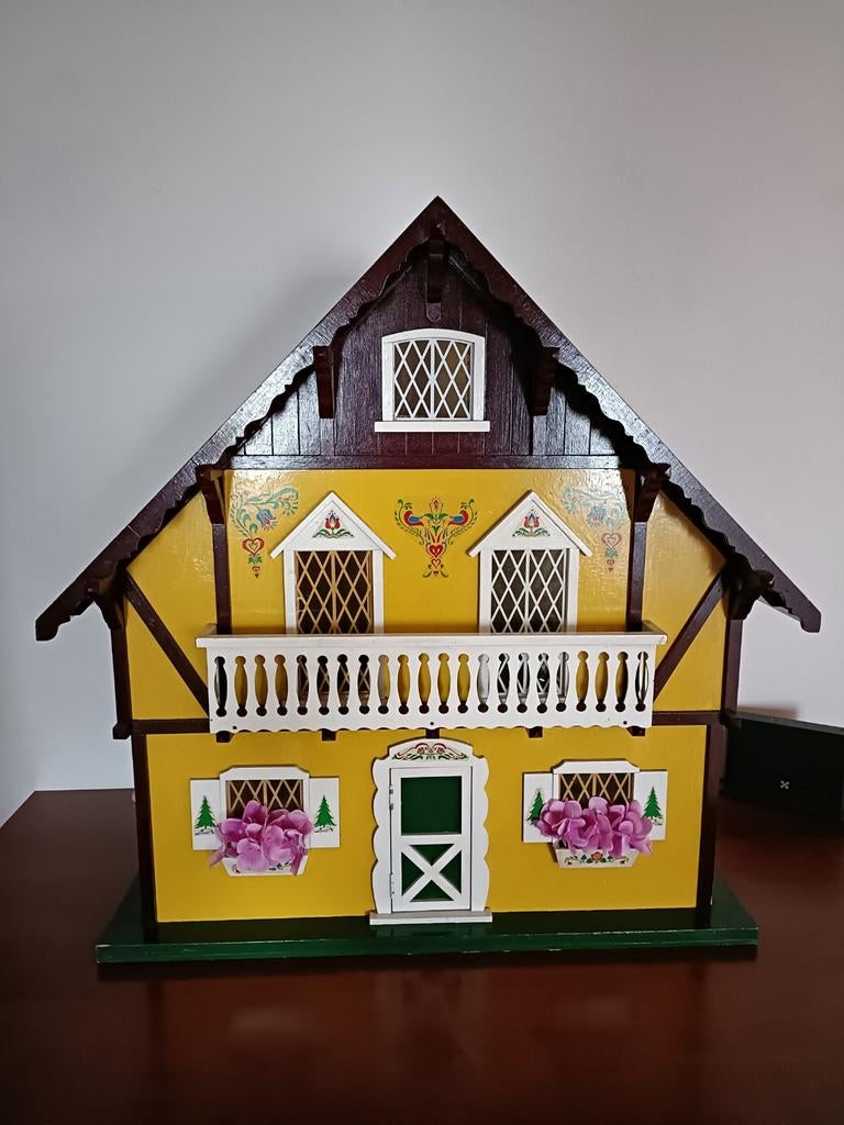 Prachtig vintage houten poppenhuis in een opvallende gele kl, Antiek en Kunst, Ophalen