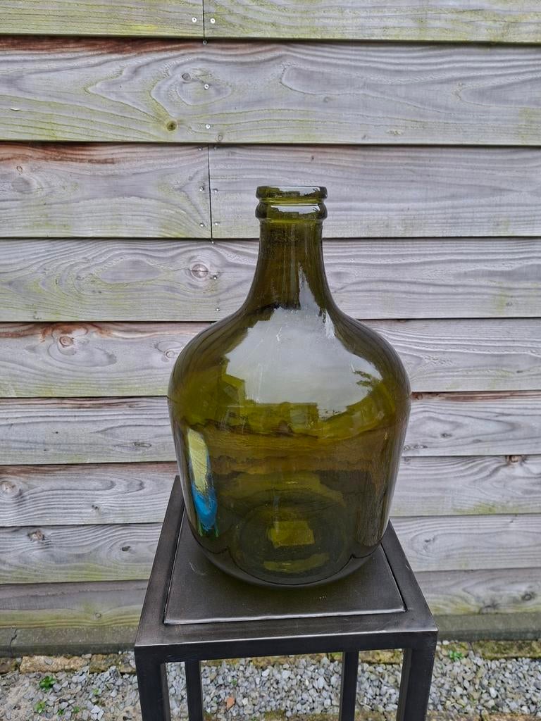 Grote olijfgroene glazen fles / dame-jeanne vaas, Ophalen, Groen, Glas