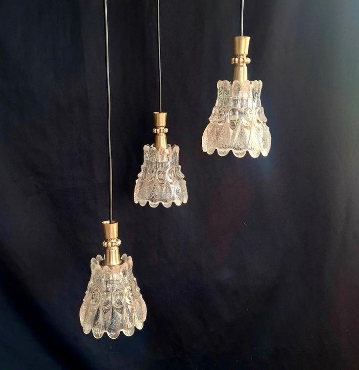 Vintage Scandinavische"Frosted" Cascade Hanglamp, Huis en Inrichting, Lampen | Hanglampen, Gebruikt, Minder dan 50 cm, Glas, Hout