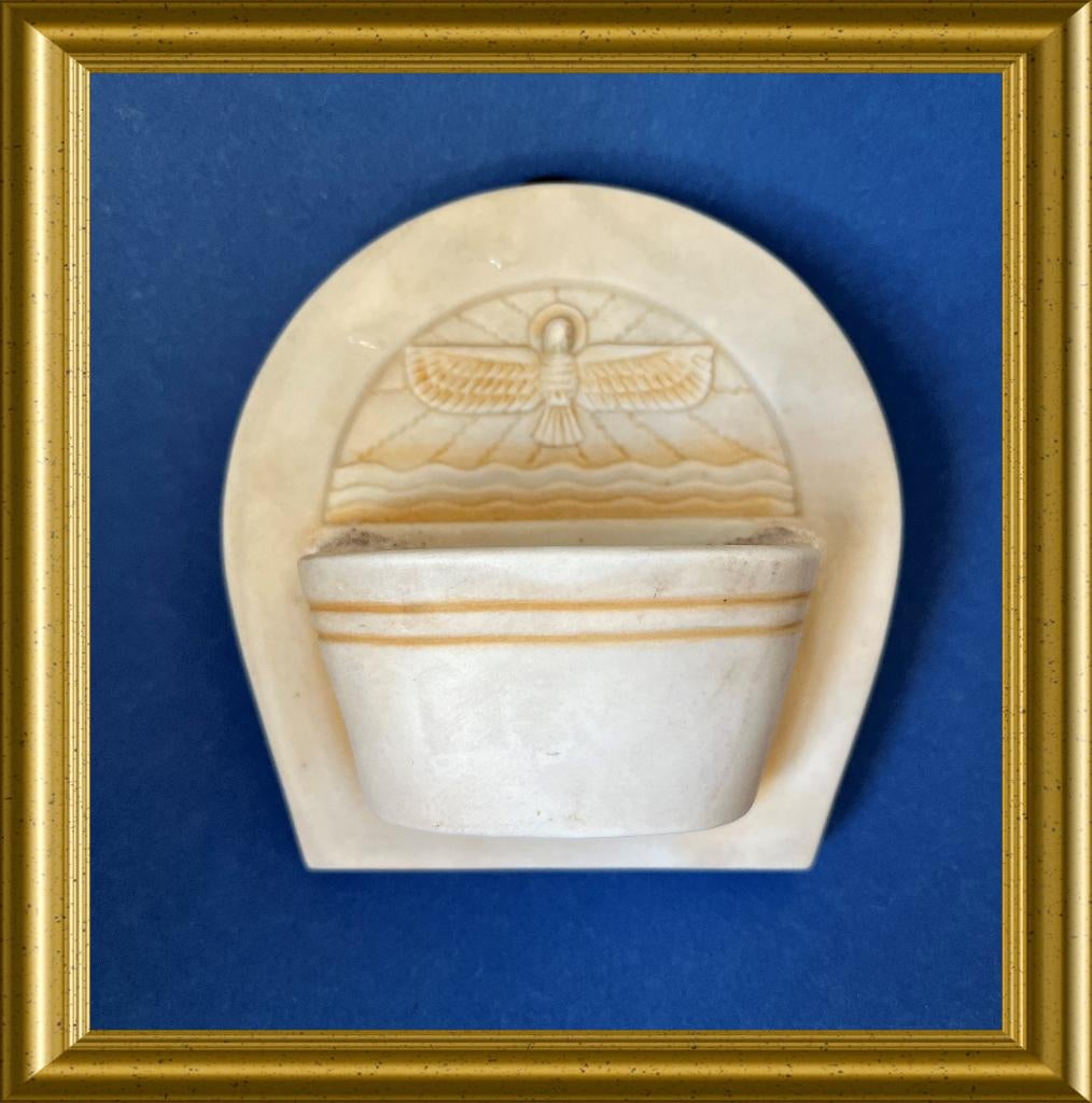Art deco wijwaterbakje met gestileerde duif afbeelding, Antiek en Kunst, Antiek | Religie, Ophalen of Verzenden