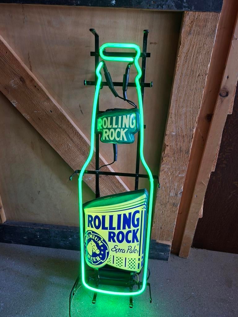 Vintage Rolling Rock Neonbord - Bierfles Design 100cm, Antiek en Kunst, Curiosa en Brocante, Ophalen