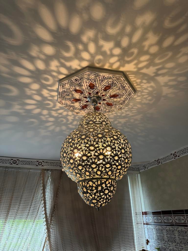 Prachtige Marokkaanse Woonkamer Lamp - Handgemaakt Metaal, Huis en Inrichting, Lampen | Hanglampen, Ophalen, Gebruikt, Metaal