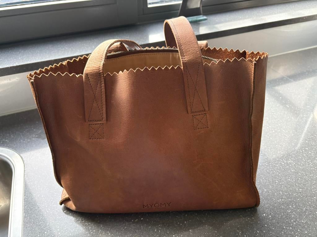 Myomy My paperbag bruine leren tas, Ophalen, Gebruikt, Bruin, Handtas